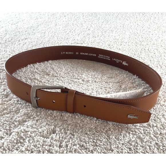 Lacoste Other - Lacoste Mens RC3011 Tan Brown Genuine Leather Belt Size 30 Crocodile Logo NEW